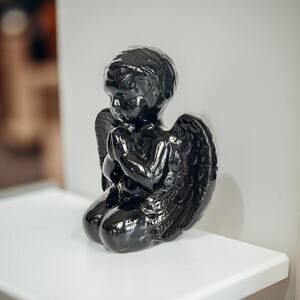 Black Ceramic Cherub Figurine Vintage 80s